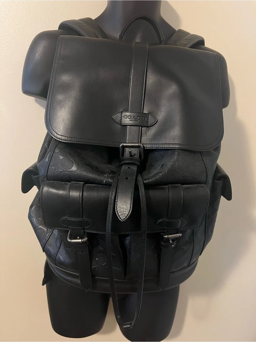 Coach Mens Hudson Backpack in Black Debossed Signature Leather